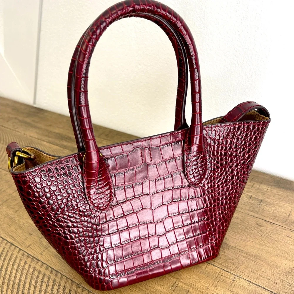 Polo Ralph Lauren Burguny Mini Bellport Embossed Tote w/ Dust Cover Handbag - Picture 4 of 5
